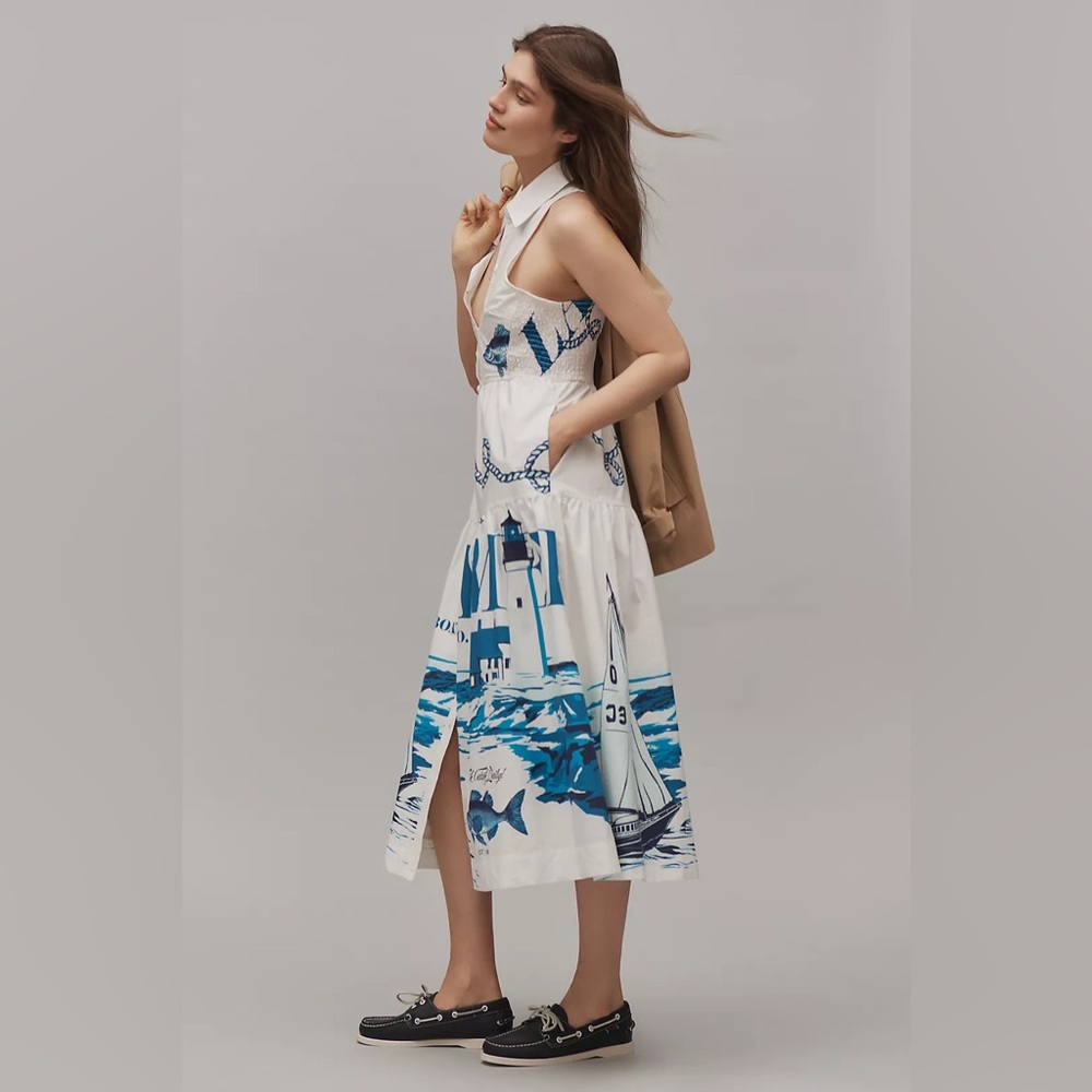 Maeve Sleeveless Nautical Sea Midi Shirt Dress - Picture 4 of 12